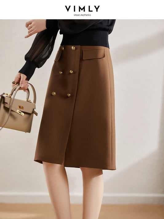 Vimly Retro Skirt for Women Ladies A Line High Waist Mid-length Spring and Autumn Korean Style Skirts with Leather Belt F8653